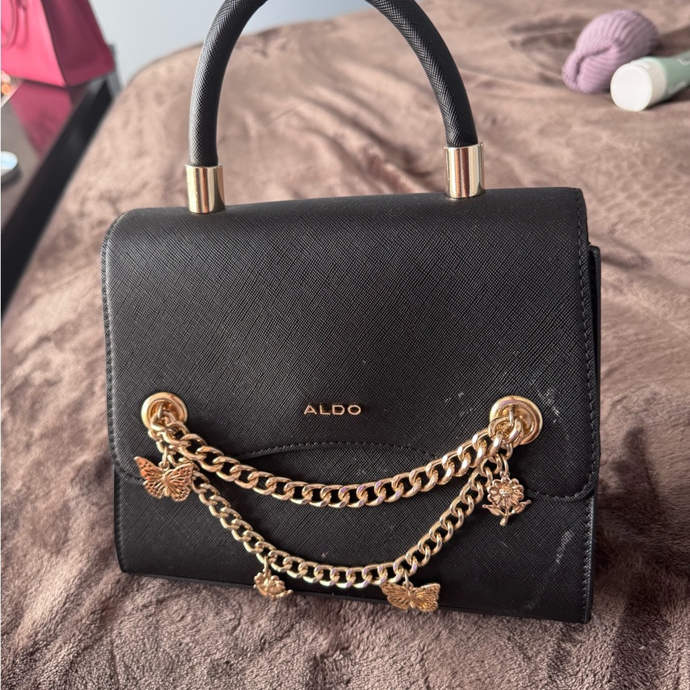 Aldo Black Satchel with Gold Chain and Charms